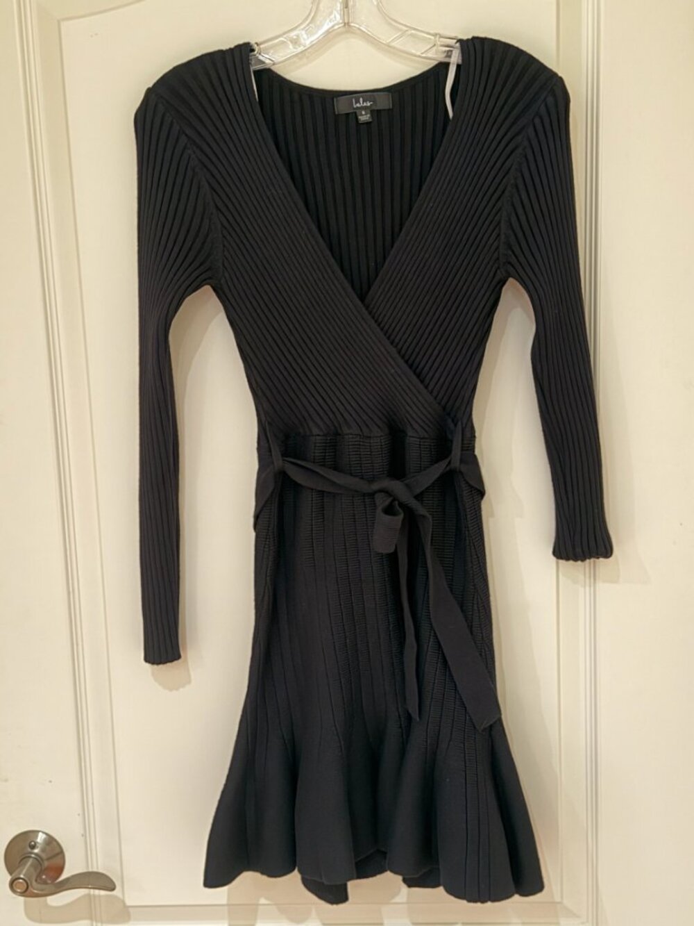 Black Ribbed Knit Wrap Belted Fit & Flare Dress